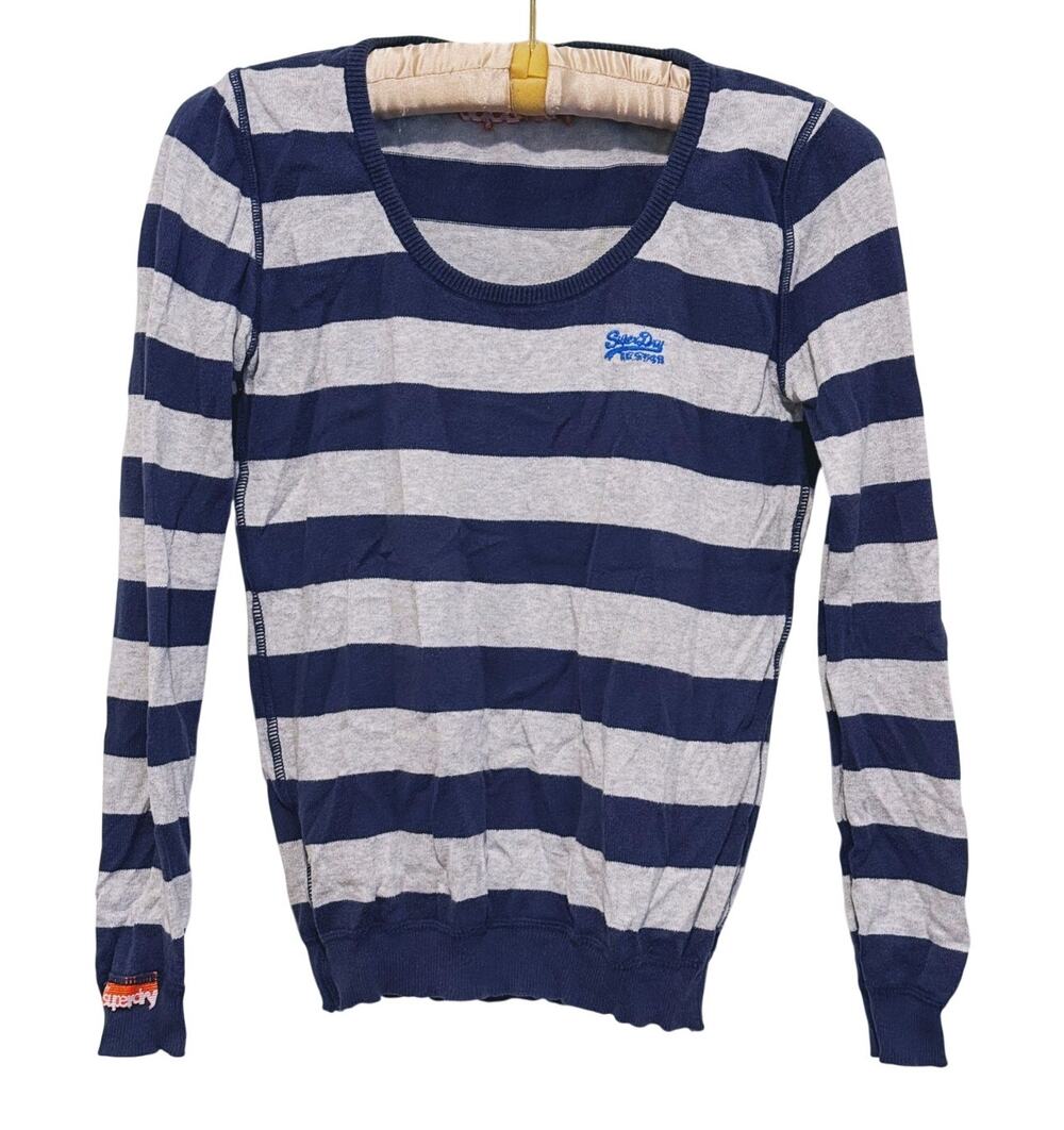 Y2K Superdry Womens Surfer Long Sleeve Top Small Blue Wide Stripe Preppy Casual